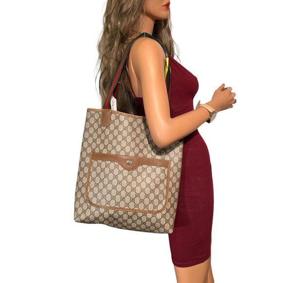 Authentic Gucci Tote Bag Brown PVC Used GG Handbag Vintage